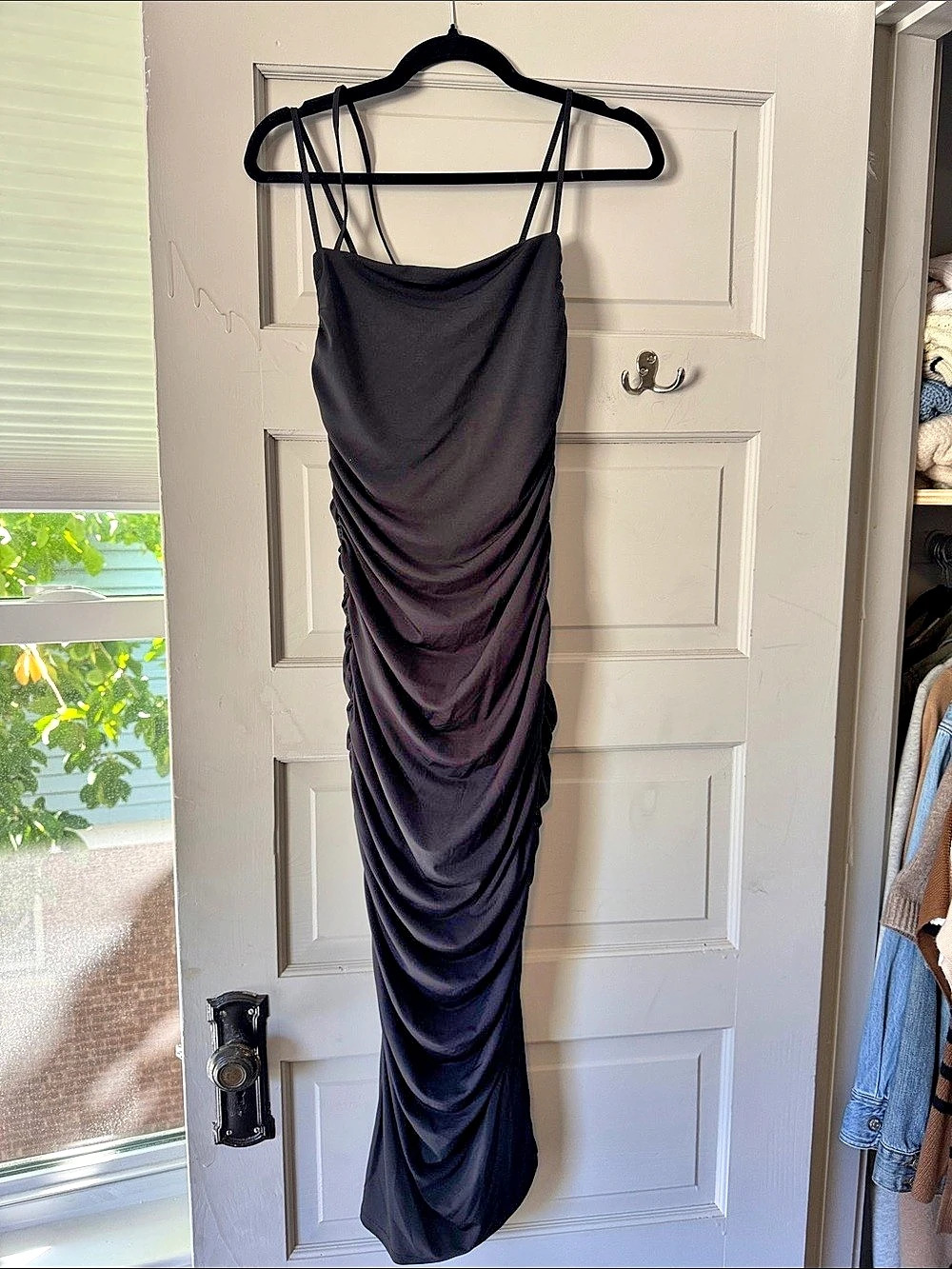 Abercrombie & Fitch Asymmetrical Strappy Ruched Midi Dress Black Maxi Dress